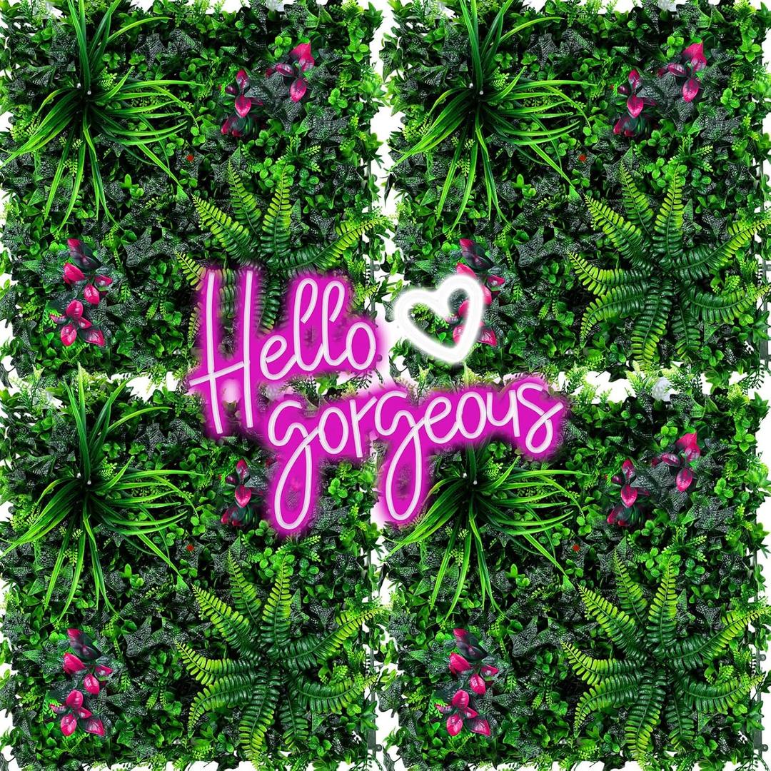 12 Pcs 20"x20" Artificial Grass Backdrop with Pink Neon Sign Wall Boxwood Panels Grass Backdrop Wall Sun Protected Green Grass for Indoor Garden Fence Backyard Privacy Screens Dcor (Style C)