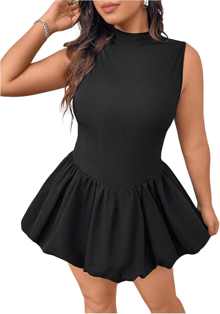 OYOANGLE Women's Plus Size Mock Neck Sleeveless Ribbed Knit Ruffle Short Dress Y2K Open Back Bubble Dress Black 3XL