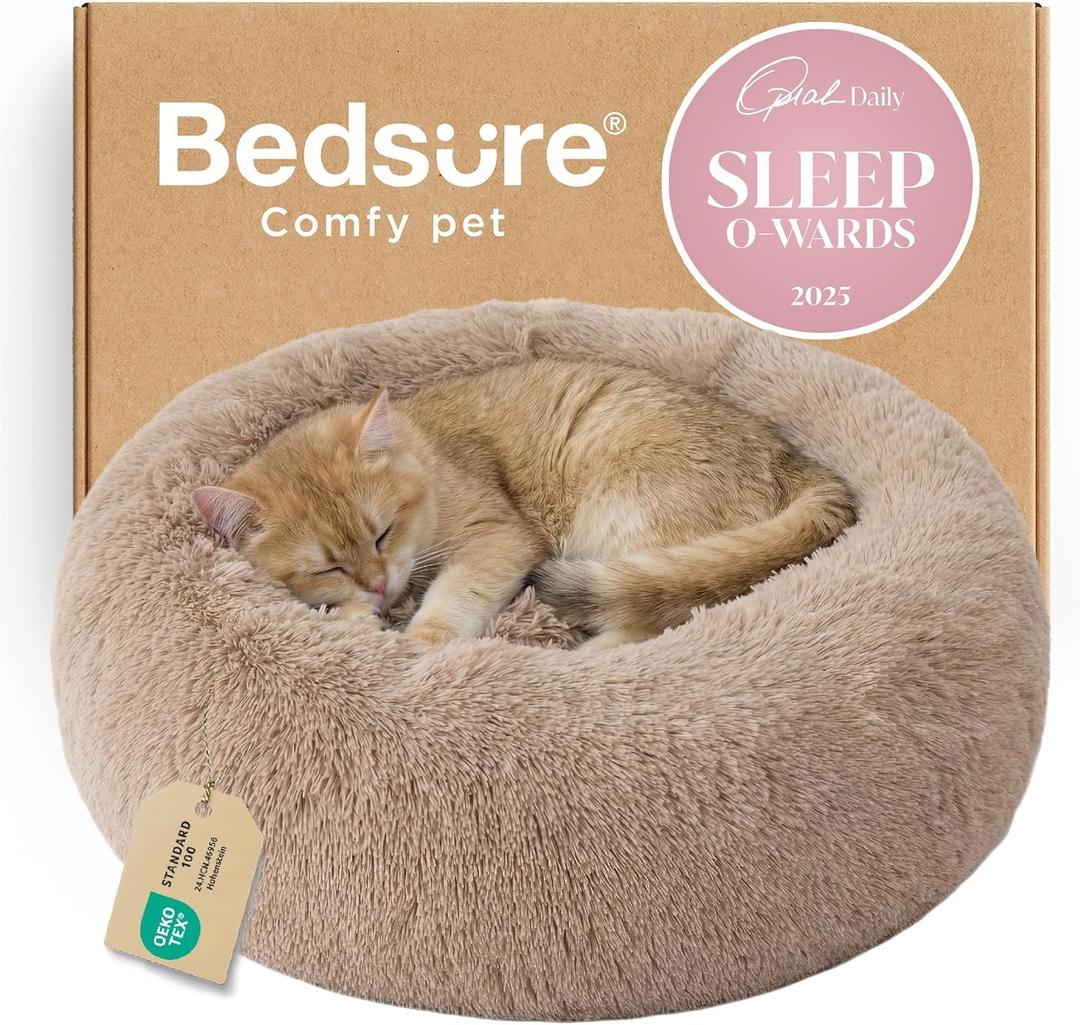 Bedsure Calming Cat Beds for Indoor Cats - Small Cat Bed Washable 20 inches, Anti-Slip Round Fluffy Plush Faux Fur Pet Bed, Fits up to 15 lbs Pets, Camel