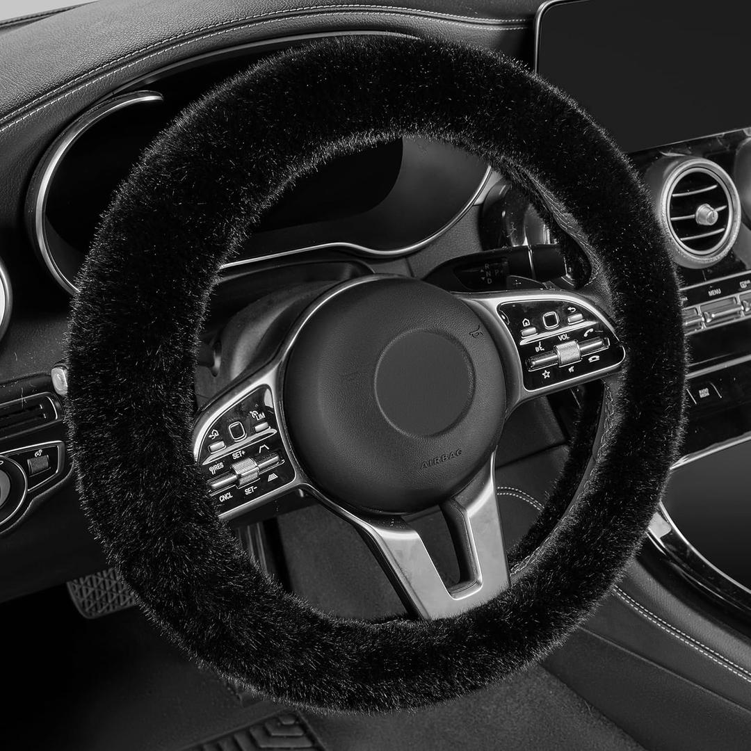 LACDL Fuzzy Winter Steering Wheel Covers for Women, Warm Cute Fluffy Car Wheel Cover for F150 Truck Jeep, Super Soft Furry Auto Plush Car Handle Cover for Cold Weather, Black, 15-16 inch, Large Size