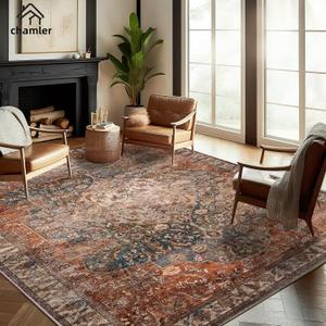 8x10 Area Rug Washable Vintage Traditional Mat Distressed Indoor Foldable Thin Retro Accent Floral Non Slip Carpet Rugs for Living Room Dining Room Office (Red Blue Flowers)