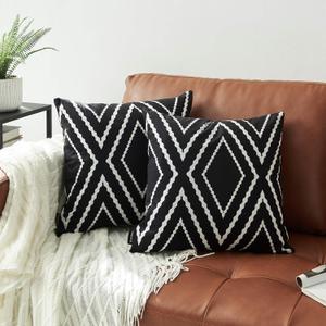 Set of 2 Black Square Pillow Covers 22 x 22 inches Boho Aztec Polyester Blend Decorative Throw Pillow Covers for Sofa Couch Bed Decor