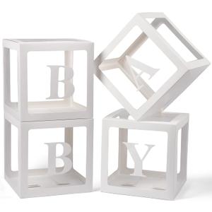 Baby Boxes with Letters for Baby Shower, 4 Transparent Balloon Boxes with Letters for Gender Reveal Birthday Wedding Baby Shower Decorations (White)