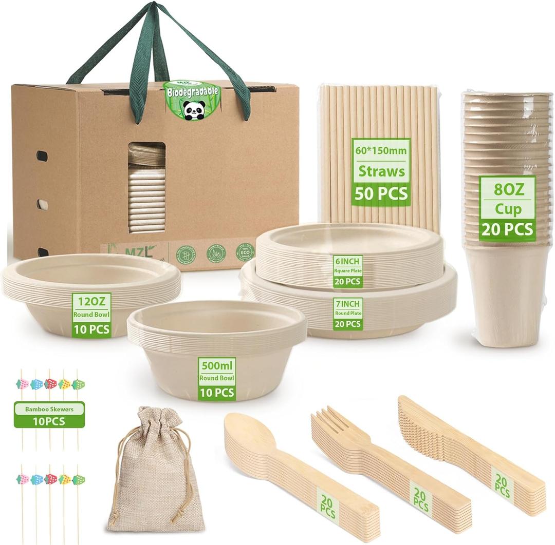 200pcs Compostable Paper Set Eco-friendly Heavy-duty Disposable Plates Cutlery Utensils, Bamboo Plates Bowls Forks Knives Spoons Cups Straws fruit sticks for Wedding Party Picnic