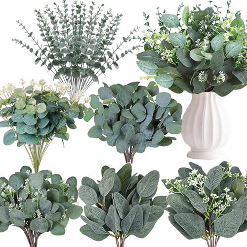 WONICE 120 Pcs 6 Kinds Mixed Eucalyptus Leaves Stems Bulk Artificial Silver Dollar Leaves Picks Dried Eucalyptus Bundle Faux Spray for Wedding Vase Bouquet Decor (Eucalyptus Leaves Stems-120)