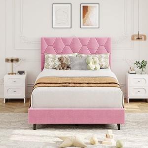Garvee Twin Platform Bed Frame with Velvet Upholstered Headboard, Wooden Slats Support, Pink, No Box Spring Needed, Easy Assembly