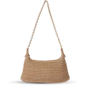Women's Straw Woven Beach Bag Summer Vacation Shoulder Purse (Brown)