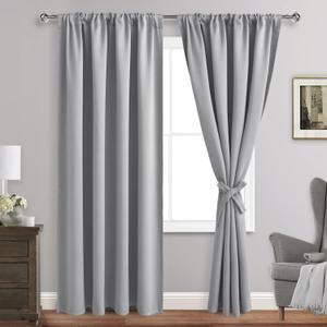 JIUZHEN Silver Grey Curtains for Bedroom - Thermal Insulated Blackout Curtains with Tiebacks 2 Panels, Room Darkening Rod Pocket Curtains for Living Room, 52 x 90 Inch Length (52"W x 90"L (Pack of 2))