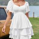 Florboom Women's Sweetheart Neckline Chiffon Dress Boho Smocked Tiered Flutter Sleeve Layered Mini Dresses (White, M)