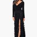 Xscape Women's Long Sleeve V-Neck Floral Skirted Floor Length Gown, Black, 6P
