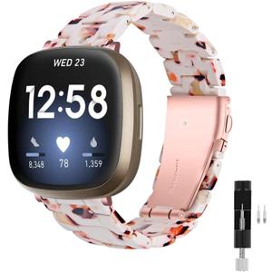 Resin Watch Band Compatible with Fitbit Versa 4/Sense 2/Versa 3/Sense 1, Lightweight Adjustable Fashion Bracelet Wristband Replacement for Women Men with Stainless Metal Buckle
