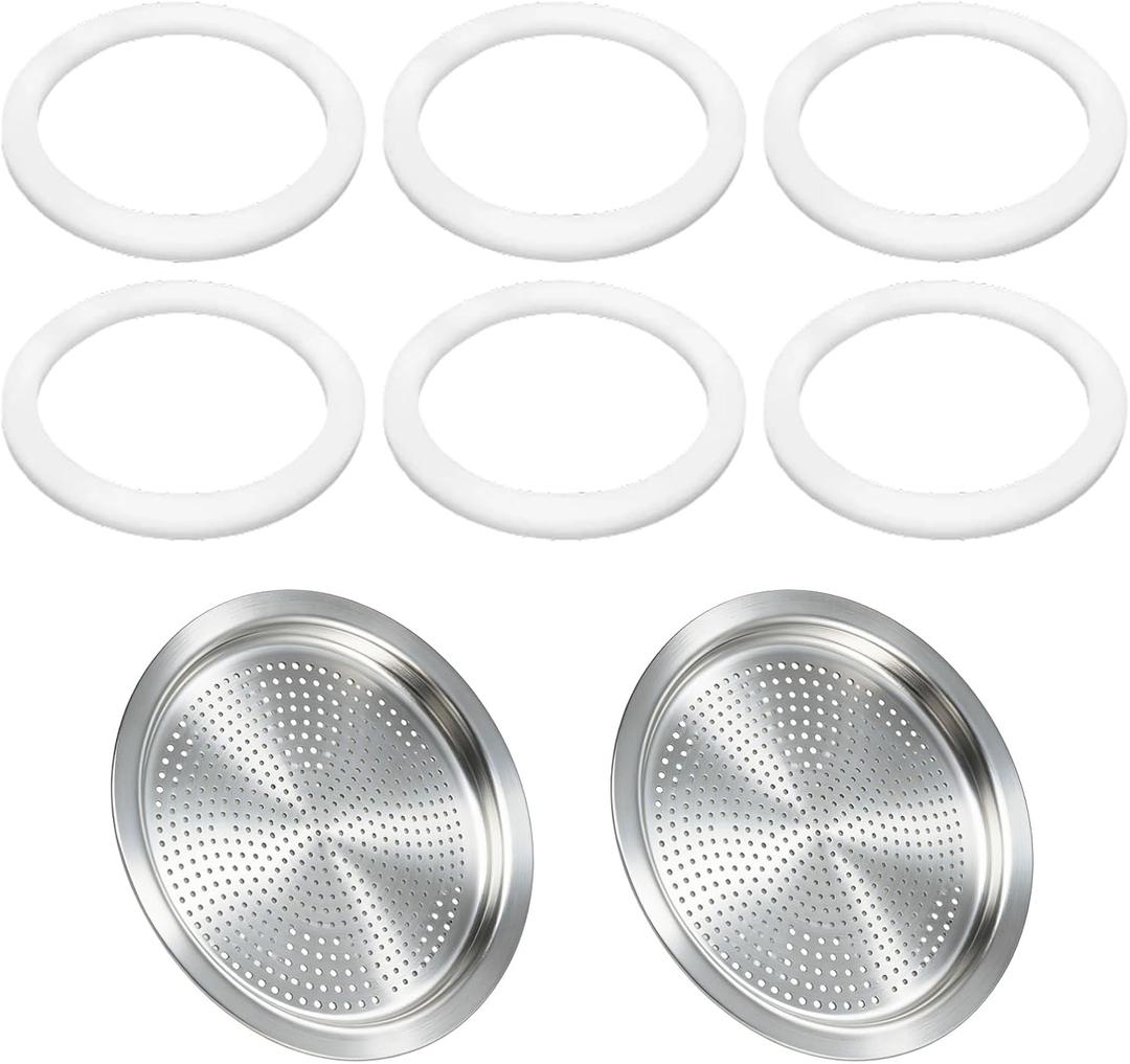 8 Pcs Moka Pot Filter Replacement Part Compatible with Bialetti 3/4 Cups Moka Express(Includes 6 Gaskets & 2 Plates), Compatible with Fiammetta, with Break, with Happy, with Dama, with Moka Melody