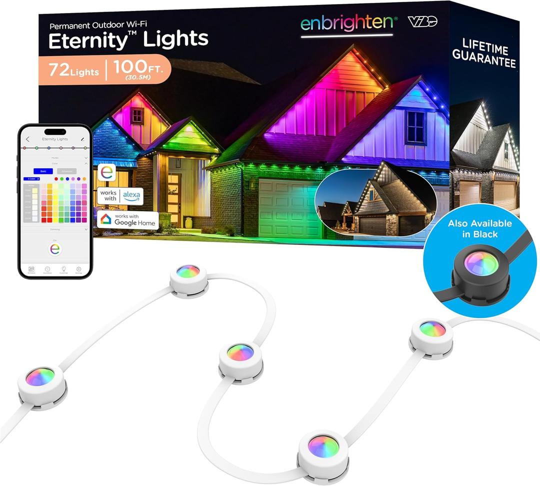 Enbrighten Vibe Eternity Permanent Outdoor Lights for House, 100 Feet, 72 RGBWIC LEDs, Close Spacing, 33lm, Color Changing, Christmas, Eave Lighting, Smart App, Works with Alexa, Google Home, 81103