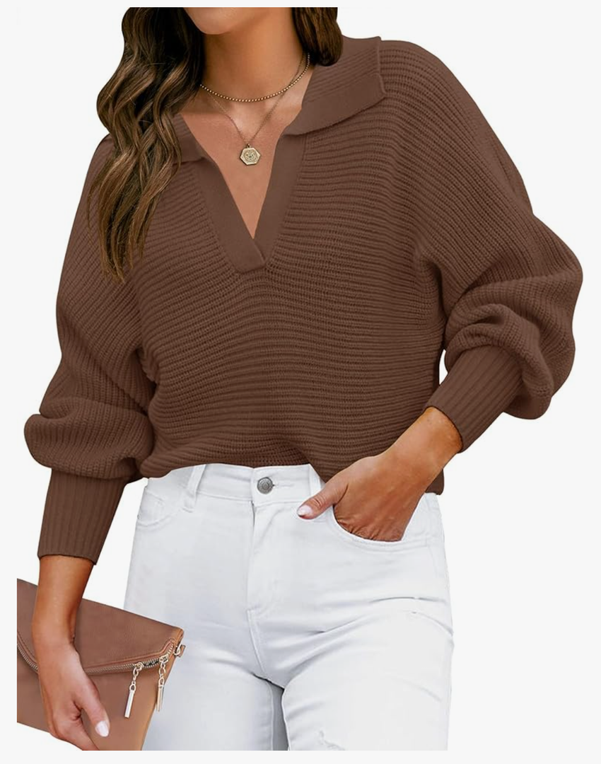 ZESICA Women's Fall Lapel Collar V Neck Long Sleeve Ribbed Knit Comfy Loose Casual Pullover Sweater Jumper Top, XL