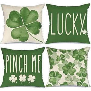 GEEORY St Patricks Day Pillow Covers 18x18 Set of 4 St Patricks Day Decorations for Home Shamrock Lucky Decorative Throw Pillows Farmhouse St Patricks Day Decor (Green)