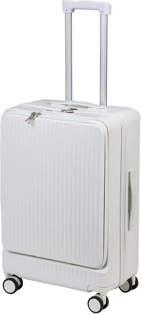24 Inch Luggage, Front Open Carry on Suitcase, PC+ABS Luggage, Built-in Lock, with Cup Holder & USB Type-C Charging Port & Phone Stand, Suitcase with Wheels, White 24Inch