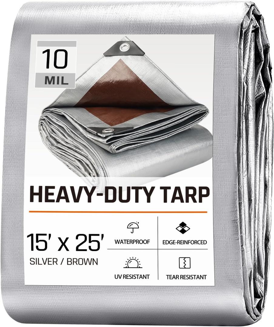 15 x 25 FT Waterproof Heavy Duty Tarp, 10 Mil Thick, Outdoor Furniture Covers, Plastic Insulated Tarpaulin for Camping Tent Roof Boat Patio Pool Cover, Large & Small Multi-Size Tarps, Silver/Brown