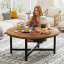 Coffee Table, 31.5" Large Coffee Tables, Brown Round Coffee Tables for Living Room, Floor Table for Sitting on The Floor, Center Coffee Table with Metal Frame for Office Apartment Home, Round, 31.5-inch diameter, 17.7-inch height