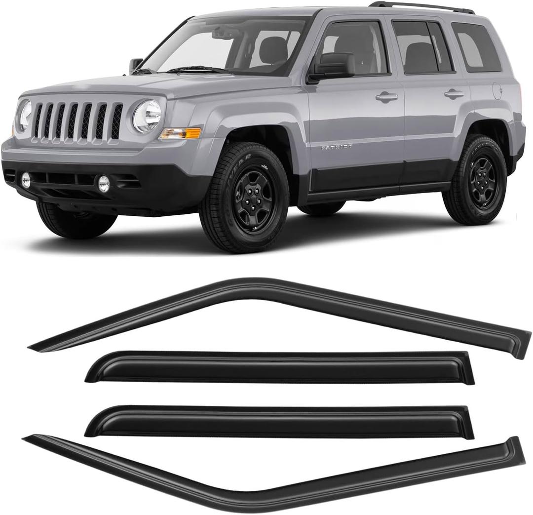 Window Visors for 2007-2018 Jeep Patriot, Rain Guards Shields Vent Deflector Shade Dark Smoke 2008 2009 2010 2011 2012 2013 2014 2015 2016 2017, Tape-On, 4PCS