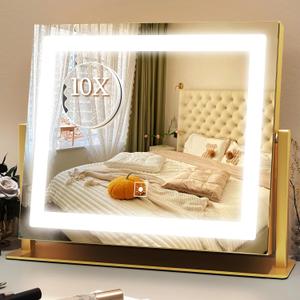 ROLOVE Gold Vanity Mirror with Lights 14x11 Inch, Lighted Makeup Mirror, Smart Touch 3 Colors Dimmable, 10X Magnification, Dresser Mount, Modern Style