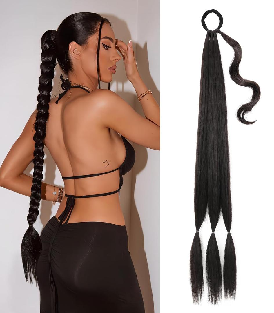 Long Braid Ponytail Extension with Hair Tie DIY Wrap Around Synthetic Hairpiece Natural Soft Fluffy Style for Womens Daily Wear (34 Inch Brown Black) Long Braid Ponytail Extension with Hair Tie DIY Wrap Around Synthetic Hairpiece Natural Soft Fluffy Style for Womens Daily Wear (34 Inch Brown Black)