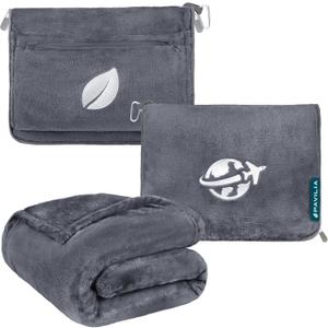 PAVILIA Travel Blanket and Pillow, Arms Opening Airplane Blankets for Adults, Compact Plane Blanket with Arm Hole 2-in-1 Bag for Flight Car Camping Fit in Luggage Backpack Traveler Gift, Dark Gray (65 x 40 inches)