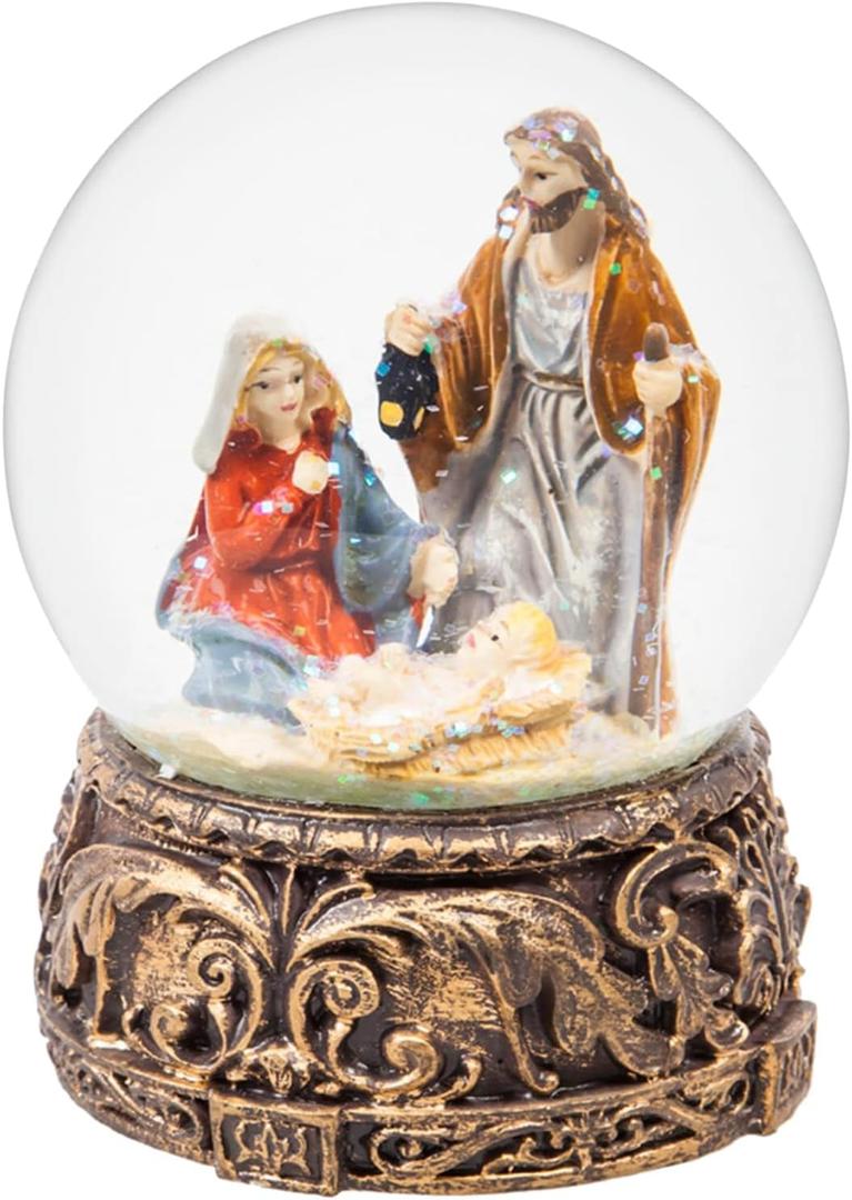 Christmas Musical Snow Globe Holy Family Polystone Water Glass Snow Globe Glitterdome for Holiday Decoration (Nativity)