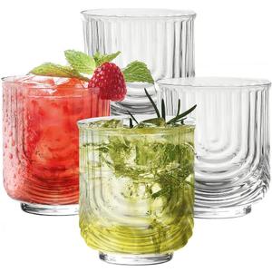 Art Deco Cocktail Glasses Set of 4, 12oz Negroni & Whiskey Glasses, Ripple Glassware Highball Beverages Glass for Cocktail, Iced Coffee, Soda