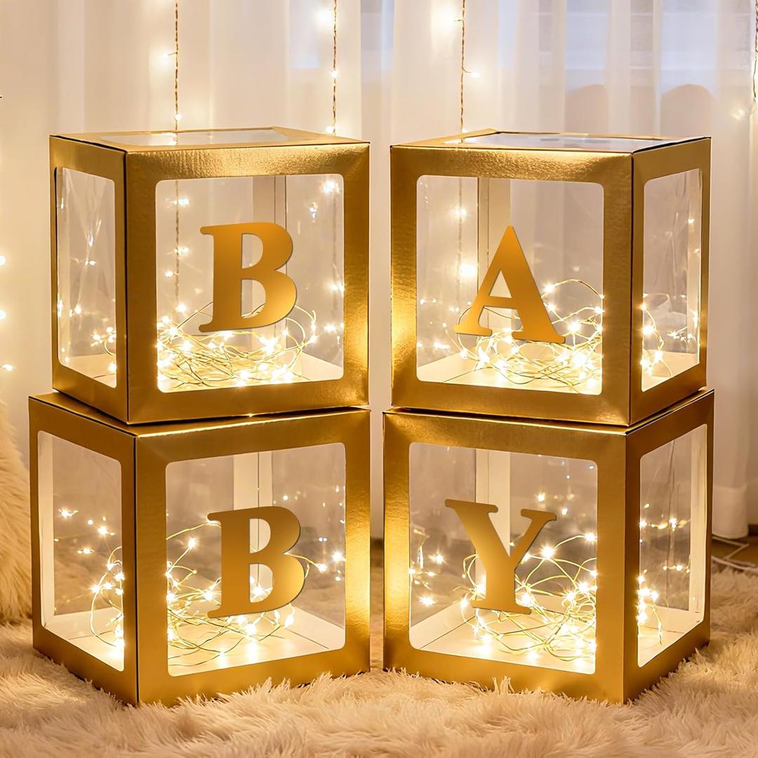 Lovelite Baby Boxes with Letters for Baby Shower, 4 Clear Balloon Boxes with LED Fairy String Lights for Gender Reveal Decorations Boys Girls Birthday Wedding Party Backdrop, Gold