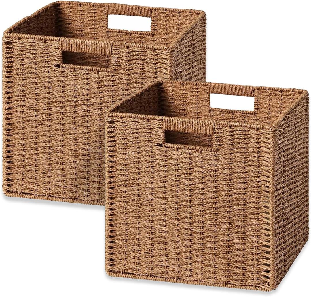 UBBCARE 2 Pack Wicker Basket, 11L11H10.5W inch Woven Paper Rope Storage Baskets for shelves, Foldable Cube Storage bin with Handle, Storage Basket for Organizing & Decor, Caramel (2pack, Caramel)
