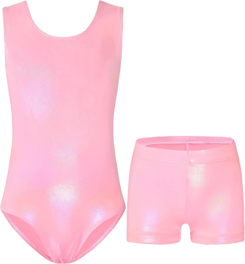 Nymphperi Girls Gymnastics Leotards 2 Piece Shiny Sleeveless Bodysuits with Sparkly Breathable Shorts Suit