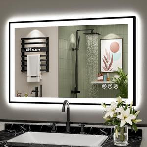 40x24 Black Framed LED Bathroom Mirror with Lights, Backlit + Front Lit, Anti-Fog Lighted Vanity Mirror for Bathroom Wall with 3 Colors, Dimmable, Memory, Tempered Glass, Horizontal/Vertical