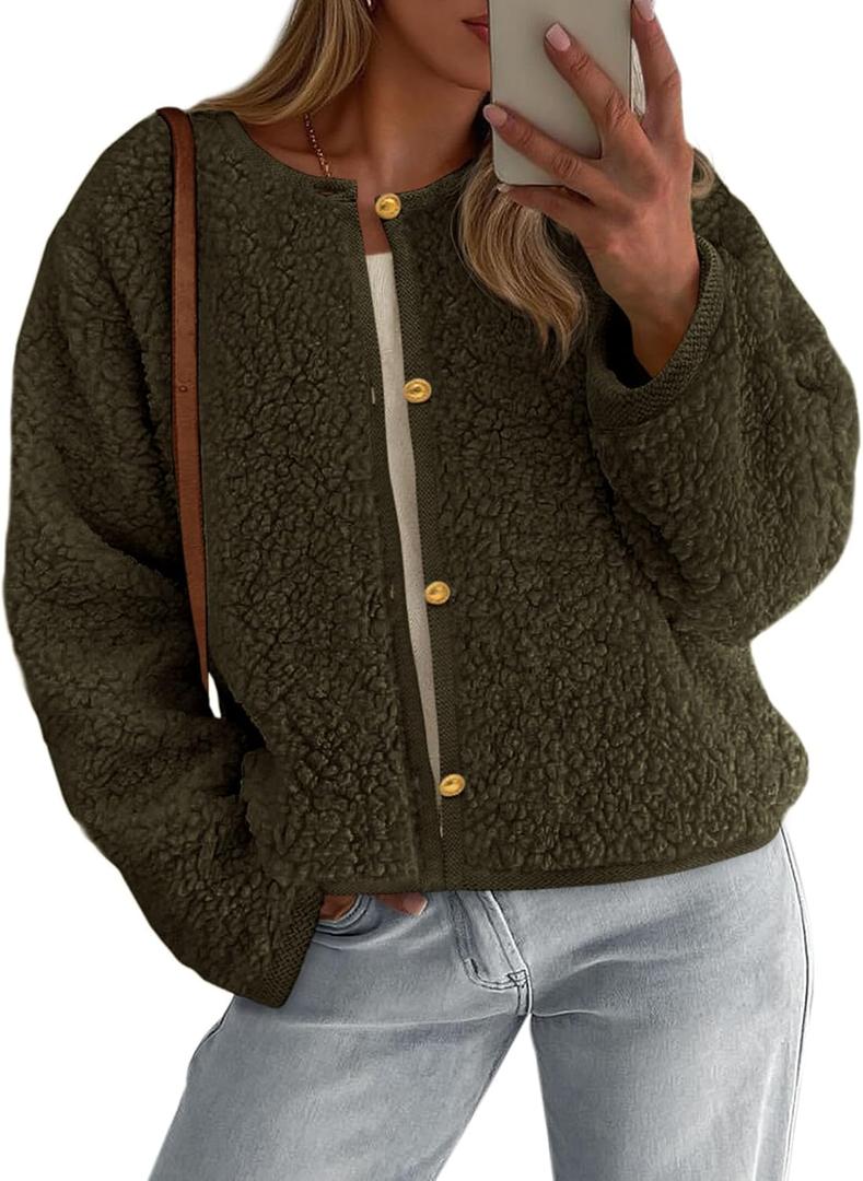 PRETTYGARDEN Women's 2025 Fall Fashion Clothes Trendy Fleece Sherpa Cropped Jackets Buttons Warm Casual Winter Faux Fur Coats (Green, XL)