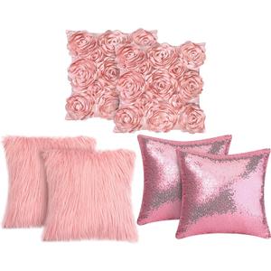 Oudain 6 Pcs Decorative 3D Rose Flower Pillow Cover, 16 x 16 Inch Faux Fur Throw Pillow Covers for Bed Square Sofa Bedroom Car(Pink Colors)
