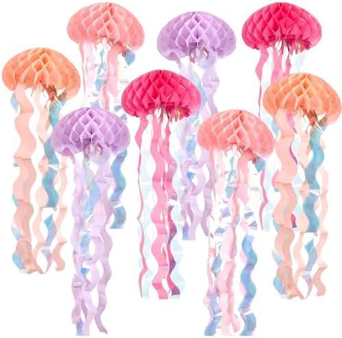 OBBOLO Under The sea Party Decorations, 8 Pcs Pink Jellyfish Honeycomb Decorations, for Mermaid Birthday Decorations, Pink Purple Paper Hanging Jellyfish Decorations for Ocean Themed Birthday Party