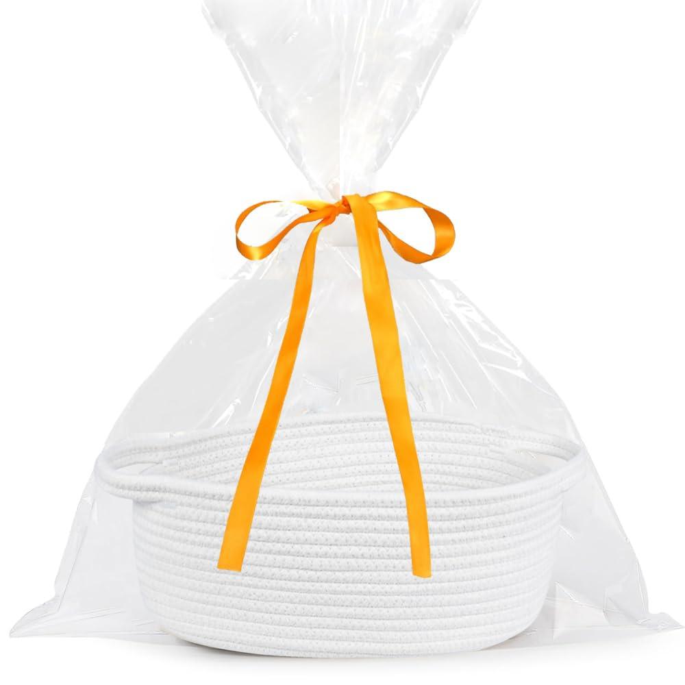 ABenkle Small Basket Empty Gift Basket, Decorative Boho Rope Woven Nursery Storage Organizer Dog Toy Baskets for Baby Showers Christmas Easter with Gift Bags and Ribbons, 12"X 8" X 5" (Pure White)