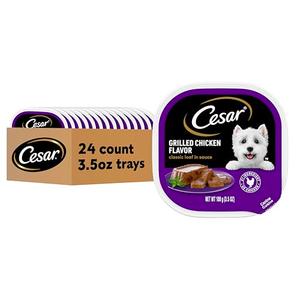 Cesar Classic Loaf in Sauce Adult Wet Dog Food Grilled Chicken Flavor, Wet Food for Dogs, 3.5 oz Easy Peel Trays, 24 Count,BBD: 08/20/2027
