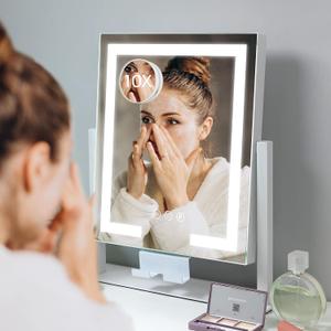 Kottova Vanity Mirror with Lights, 14" x 12" LED Makeup Mirror, Lighted Makeup Mirror with 10X Spot Mirror, Smart Touch 3 Colors Dimmable,360 Rotation, Plug in(White)