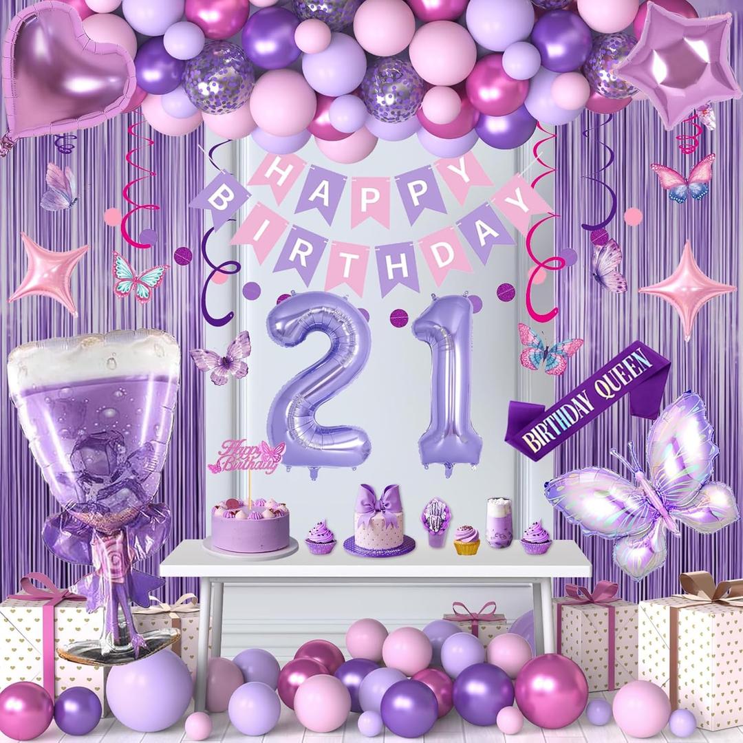 21st Purple Birthday Decorations, Pink Purple 21st Birthday Decorations for Women Girls Lavender Party Decor Set with Number Balloons, Foil Balloons, Sash and Cake Topper