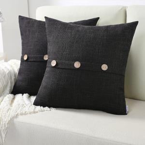FUTEI Black Linen Decorative Throw Pillow Covers 16x16 Inch Set of 2, Square Cushion Case with Vintage Button/Zipper,Modern Farmhouse Home Decor for Couch,Bed (16" x 16" (Pack of 2))