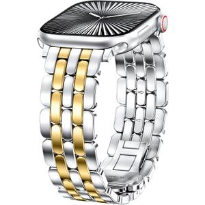 TOYOUTHS Designer Vintage Dressy Bracelet for Apple Watch Band Women, Stainless Steel Elegant Luxury Metal Strap for iWatch, Size: 38/40/41/42mm(Series 11/10) (Silver Gold-Brushed&Shiny)