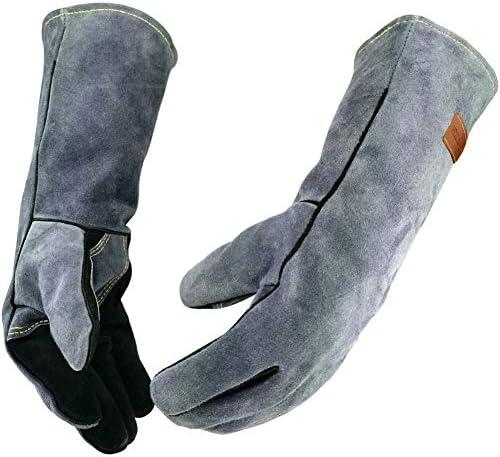 WZQH 16 Inches,932℉,Leather Welding Gloves XXL, Fire & Heat Resistant, Mitts for BBQ, Oven, Grill, Fireplace, Tig,Mig, Baking, Furnace, Stove, Pot Holder, Animal Handling Glove, Forge. XL, Black-gray