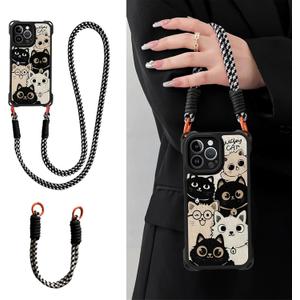 Case for iPhone 13 with Strap Lanyard Cartoon Cat Leather Touch Secure Grip Comfortable Cover for Girl Crossbody Strap Included (iPhone 13)