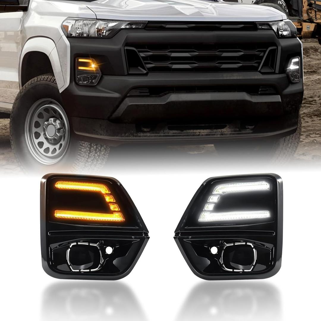 GearUp DRL Turn Signals for Chevy Colorado 2023-2025 Fog Lights Bezel White Daytime Running Lights Sequential Amber Turn Signals(Not Fit ZR2)