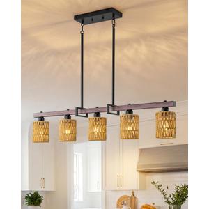 5-Light harmhouse Kitchen Island Light Fixture, Linear Chandelier for Dining Room, 5-Light Rustic Pendant Light Over Table, Handmade Woven Farmhouse Wicker Chandelier, 30x15x30 inches