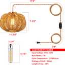 Plug in Pendant Light Rattan Hanging Lights with Plug in Cord 15FT Hemp Rope Cord, Dimmable Switch Indoor Hanging Lamps for Boho Living Room BedroomBulb Included 11 x 7 inch