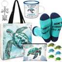 Sea Turtle Lover Gifts for Women Birthday Gifts Baskets Set Include Canvas Tote Bag, Makeup Bag, Socks, Keychain, Enamel Mug, Small Figurines for Mom, Wife, Sister, Friend