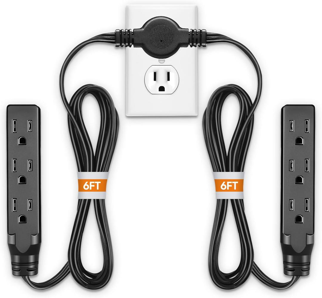 Twin Extension Cord Power Strip - 12FT Dual Extension with Flat Wall Plug, Split Extension Cord with Multiple Outlets,Double Head Outlet for Behind Bed, Couch,Indoor Flush Design(Black)