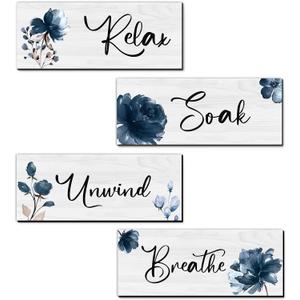 4 Pieces Bathroom Wall Art Rustic Farmhouse Bathroom Wall Decor Sign Relax Soak Unwind Breathe Wood Hanging Sign for Home Spa Bathroom Laundry Decor (Dark Blue)