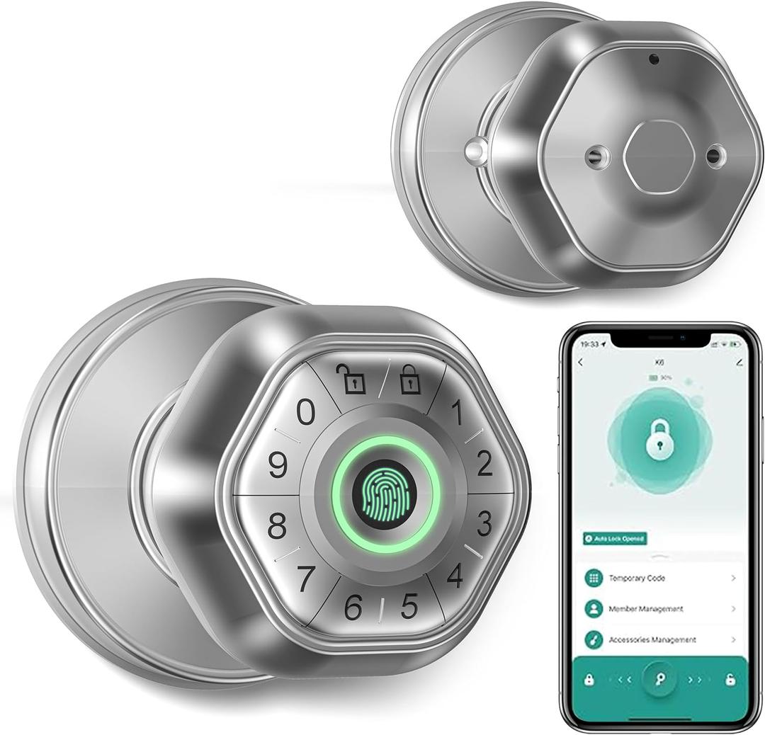 Fingerprint Door Lock- Smart Door knob,biometric Door Lockwith passcode keypad keyless Entry Door Handlefor Bedroom Home Hotel Office Apartment Smart Door Lock (Satin Nickel)